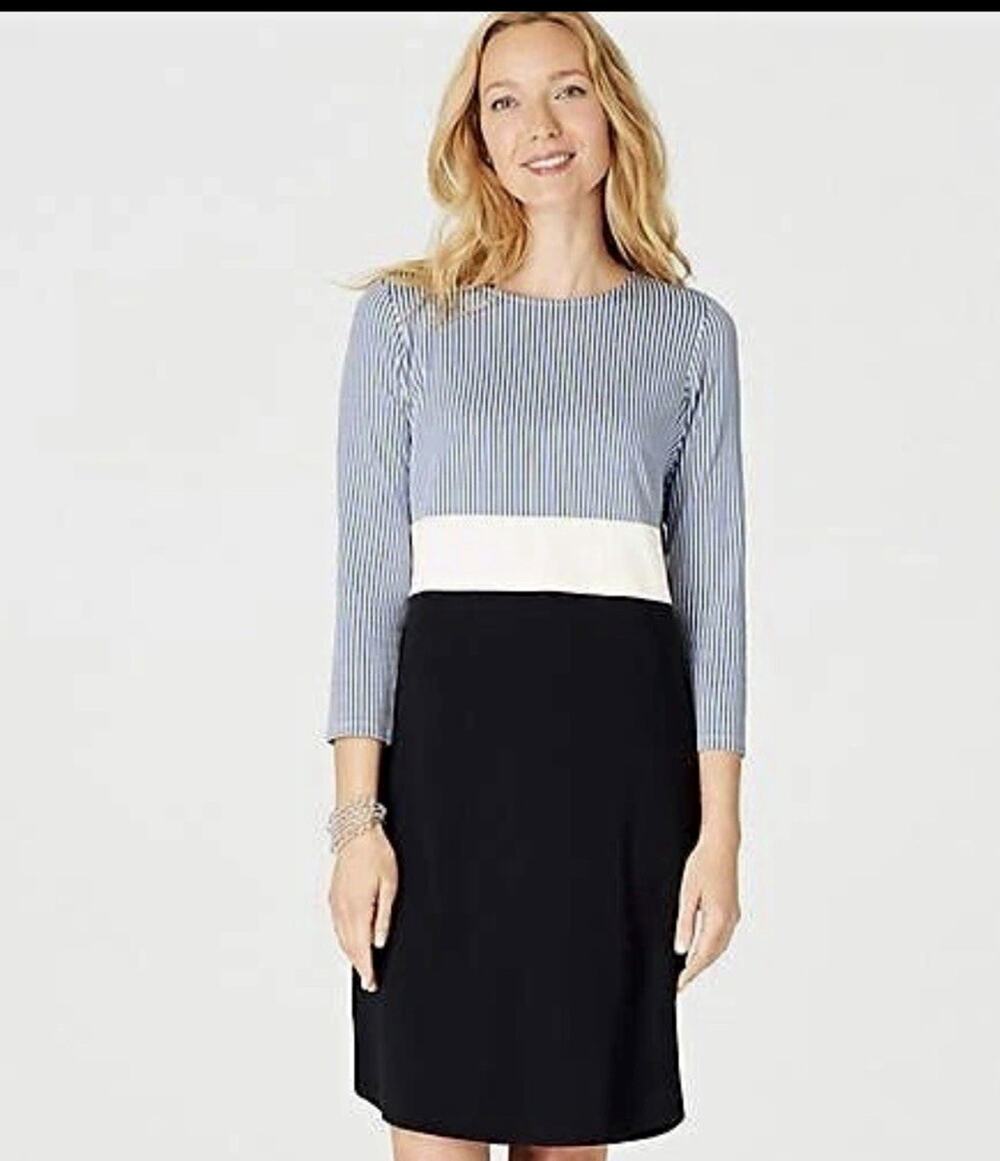 NWT J. Jill Blue/White Striped Colorblock Knit Shift Dress Round Neck 3/4 M